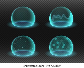 Bubble shields. Energy shield effects isolated on transparency grid. Science fiction various deflector elements, firewall absolute protection isolated