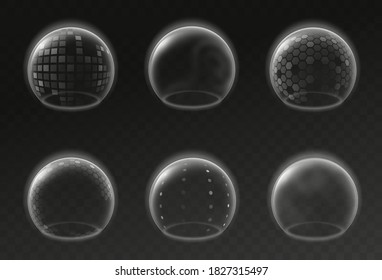 Bubble shields. Futuristic transparent empty glowing sphere template, safety energy barrier force field mockup, realistic antiviral defense collection, protection environment 3d vector isolated set