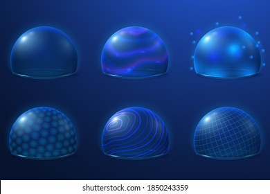 Bubble shields. Protect field, futuristic energy force safety bubbles. Transparent plasma surface, 3d security protection recent vector set