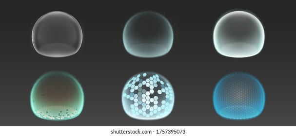 Bubble shields, protection force fields. Vector realistic set of safety energy barrier, security defence in transparent sphere with grid pattern isolated on gray background