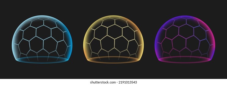 Bubble shields, protection force fields. Vector realistic set of safety energy barrier, security defence in transparent sphere with grid pattern isolated on gray background.