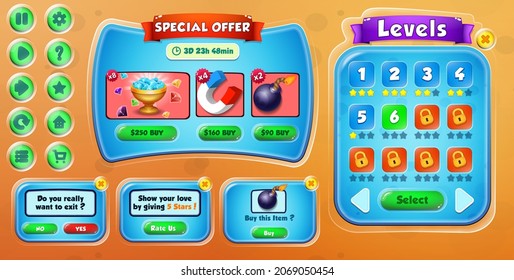 Bubble Shooter Game UI Menu Popups con botones y potentes