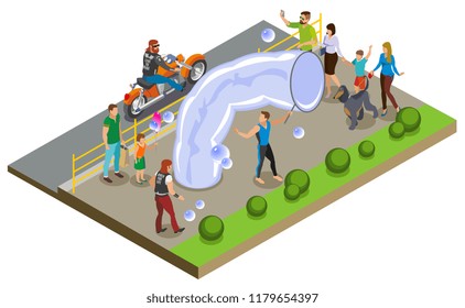Bubble show and entertainment composition with performers and spectators symbols isometric vector illustration