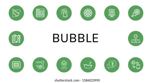 bubble simple icons set. Contains such icons as Soap, Testimonial, Liquid soap, Color circle, Fountain, Thought, Location, Sea, Baby tub, can be used for web, mobile and logo