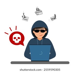 A bubble with a skull painted on it. Hacker is sitting at computer, cracking the username and password. Phishing scam, hacker attack and online scan and steal.