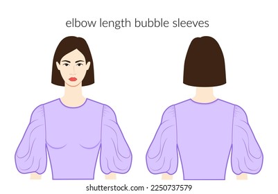 Bubble sleeves elbow length short clothes - character beautiful lady in lavender top, shirt, dress technical fashion illustration with elbow length. Flat apparel template. Women, men unisex CAD mockup