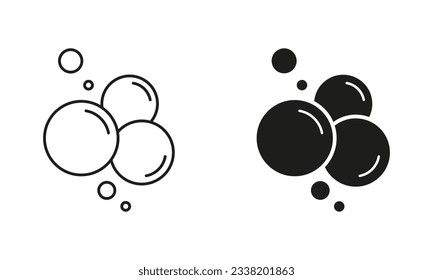Jabón de burbujas, línea de oxígeno de aire y conjunto de iconos negros de silueta. Espuma De Esfera, Champagne Pone Pictograma. Colección de símbolos Soda. Bola submarina. Agua limpia. Ilustración de vectores aislados.