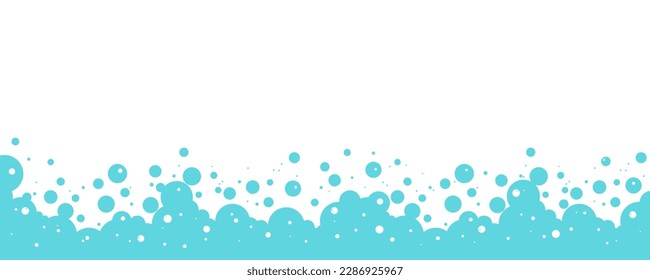 Bubble soap background, cartoon blue water foam, bath pattern. Shower border. Laundry suds, soda, shampoo frame. Underwater, fizz drink, carbonated splash, soft cloud. Clean bg. Vector illustration