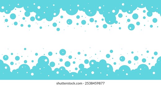 Bubble soap background, cartoon blue water foam, bath pattern. Shower border. Laundry suds, soda, shampoo frame. Underwater, fizz drink, carbonated splash, soft cloud. Clean bg. Vector illustration