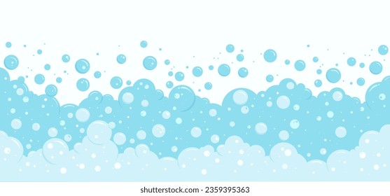 Bubble soap background, cartoon water foam, bath pattern. Shower border. Soda, shampoo, laundry suds, wash frame. Underwater, fizz drink, carbonated splash, blue soft cloud. Clean vector illustration