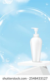 Sabonete de bolha no pódio com azul celeste, fundo de nuvem para beleza, creme anúncio de produto Banner, tubo branco em branco em branco com espuma em 3d stand para produto presente, modelo de vetor mockup para primavera, Verão 