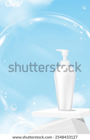 Bubble soap on Podium with Sky Blue, Cloud Background for Beauty,Cream Product Advertise Banner,Blank white tube with foam on 3d stand for product present,Vector template mockup for Spring,Summer 