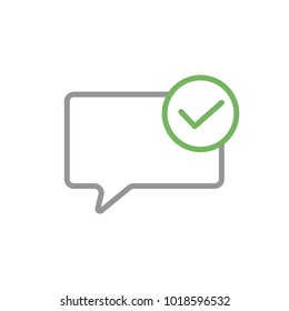 Bubble speach vector icon. Message icon with tick. Delivered sms