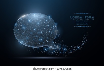 Bubble speech. Abstract polygonal wireframe mesh art with crumbled edge on blue night sky with dots, stars and looks like constellation. Concept illustration or background