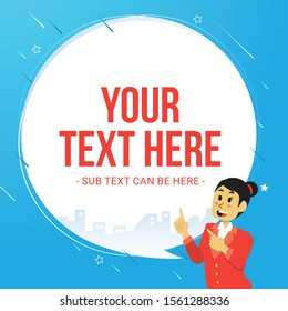 Bubble speech banner design concept with woman in formal suit pointing to the banner