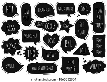 Bubble speech collection communicate. Hand drawn doodle. Vector illustration. 