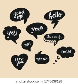 bubble speech . comic style hand draw set of dialog windows  box with phrases: hello, yes, thank yo. I love you, bye. 
