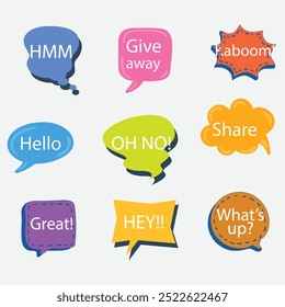 Bubble speech icon set. Talk phrases, online chat clouds with different words, conversation, quote balloon tag, text dialog, cartoon style. Vector illustration isolated on white background. EPS 10.