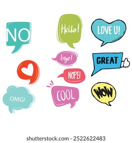 Bubble speech icon set. Talk phrases, online chat clouds with different words, conversation, quote balloon tag, text dialog, cartoon style. Vector illustration isolated on white background. EPS 10.