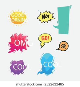 Bubble speech icon set. Talk phrases, online chat clouds with different words, conversation, quote balloon tag, text dialog, cartoon style. Vector illustration isolated on white background. EPS 10.