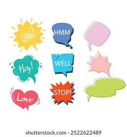 Bubble speech icon set. Talk phrases, online chat clouds with different words, conversation, quote balloon tag, text dialog, cartoon style. Vector illustration isolated on white background. EPS 10.