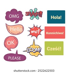 Bubble speech icon set. Talk phrases, online chat clouds with different words, conversation, quote balloon tag, text dialog, cartoon style. Vector illustration isolated on white background. EPS 10.