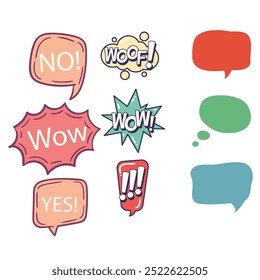 Bubble speech icon set. Talk phrases, online chat clouds with different words, conversation, quote balloon tag, text dialog, cartoon style. Vector illustration isolated on white background. EPS 10.