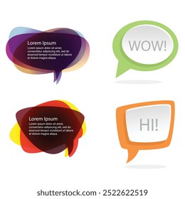 Bubble speech icon set. Talk phrases, online chat clouds with different words, conversation, quote balloon tag, text dialog, cartoon style. Vector illustration isolated on white background. EPS 10.