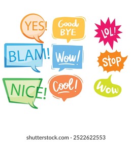 Bubble speech icon set. Talk phrases, online chat clouds with different words, conversation, quote balloon tag, text dialog, cartoon style. Vector illustration isolated on white background. EPS 10.