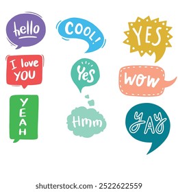 Bubble speech icon set. Talk phrases, online chat clouds with different words, conversation, quote balloon tag, text dialog, cartoon style. Vector illustration isolated on white background. EPS 10.