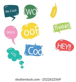 Conjunto de iconos de discurso de burbuja. Frases de conversación, nubes de chat en línea con diferentes palabras, conversación, etiqueta de globo de cita, diálogo de texto, estilo de dibujos animados. Ilustración vectorial aislada sobre fondo blanco. EPS 10.