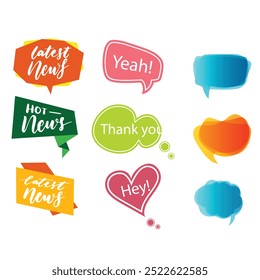 Bubble speech icon set. Talk phrases, online chat clouds with different words, conversation, quote balloon tag, text dialog, cartoon style. Vector illustration isolated on white background. EPS 10.
