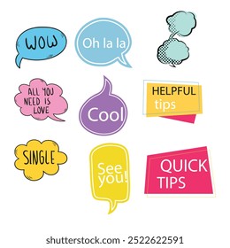 Bubble speech icon set. Talk phrases, online chat clouds with different words, conversation, quote balloon tag, text dialog, cartoon style. Vector illustration isolated on white background. EPS 10.
