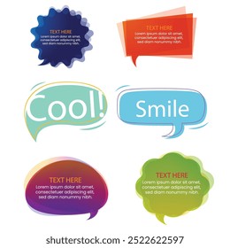 Bubble speech icon set. Talk phrases, online chat clouds with different words, conversation, quote balloon tag, text dialog, cartoon style. Vector illustration isolated on white background. EPS 10.