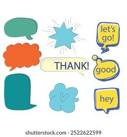 Bubble speech icon set. Talk phrases, online chat clouds with different words, conversation, quote balloon tag, text dialog, cartoon style. Vector illustration isolated on white background. EPS 10.