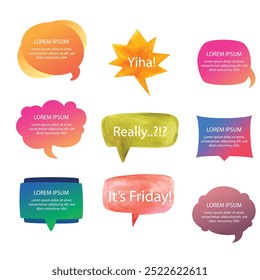 Bubble speech icon set. Talk phrases, online chat clouds with different words, conversation, quote balloon tag, text dialog, cartoon style. Vector illustration isolated on white background. EPS 10.