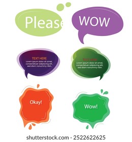 Bubble speech icon set. Talk phrases, online chat clouds with different words, conversation, quote balloon tag, text dialog, cartoon style. Vector illustration isolated on white background. EPS 10.