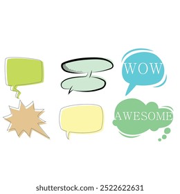 Ícone de balão definido. Falar frases, nuvens de bate-papo on-line com palavras diferentes, conversa, tag de balão de citação, diálogo de texto, estilo de desenho animado. Ilustração vetorial isolada sobre fundo branco. EPS 10.