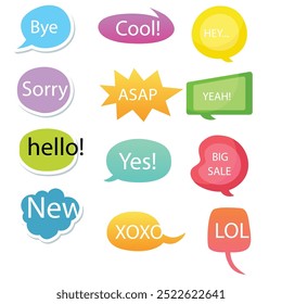 Bubble speech icon set. Talk phrases, online chat clouds with different words, conversation, quote balloon tag, text dialog, cartoon style. Vector illustration isolated on white background. EPS 10.