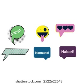 Bubble speech icon set. Talk phrases, online chat clouds with different words, conversation, quote balloon tag, text dialog, cartoon style. Vector illustration isolated on white background. EPS 10.