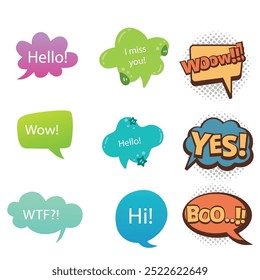 Bubble speech icon set. Talk phrases, online chat clouds with different words, conversation, quote balloon tag, text dialog, cartoon style. Vector illustration isolated on white background. EPS 10.