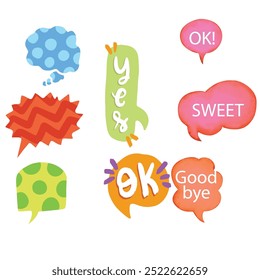 Bubble speech icon set. Talk phrases, online chat clouds with different words, conversation, quote balloon tag, text dialog, cartoon style. Vector illustration isolated on white background. EPS 10.