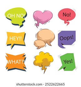 Bubble speech icon set. Talk phrases, online chat clouds with different words, conversation, quote balloon tag, text dialog, cartoon style. Vector illustration isolated on white background. EPS 10.
