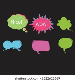 Sprechblasensymbol-Set. Redewendungen, Online-Chat-Wolken mit verschiedenen Wörtern, Konversation, Zitat-Ballon-Tag, Text-Dialog, Cartoon-Stil. Vektorgrafik einzeln auf weißem Hintergrund. EPS 10.