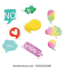 Bubble speech icon set. Talk phrases, online chat clouds with different words, conversation, quote balloon tag, text dialog, cartoon style. Vector illustration isolated on white background. EPS 10.