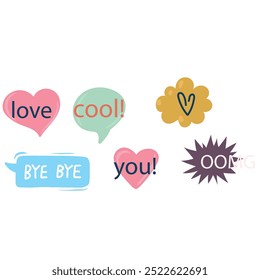 Bubble speech icon set. Talk phrases, online chat clouds with different words, conversation, quote balloon tag, text dialog, cartoon style. Vector illustration isolated on white background. EPS 10.