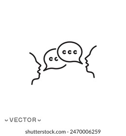 bubble speech icon, talk ballon, people with dialog speech bubble, discussion, thin line symbol isolated on white background, editable stroke eps 10 vector illustration