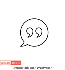 Bubble Speech With Quote Mark Line Icon. Testimonials And Customer Relationship Management Concept. Simple Outline Style. Vector Illustration Isolated On White Background. Editable Stroke EPS 10. 