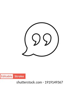 Bubble Speech With Quote Mark Line Icon. Testimonials And Customer Relationship Management Concept. Simple Outline Style. Vector Illustration Isolated On White Background. Editable Stroke EPS 10. 