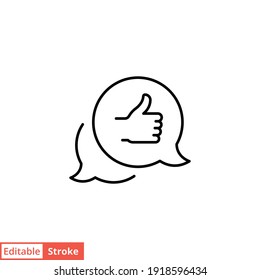 Bubble speech talk with thumb up line icon. Testimonials and customer relationship management concept. Simple outline style. Vector illustration isolated on white background. Editable stroke EPS 10. 